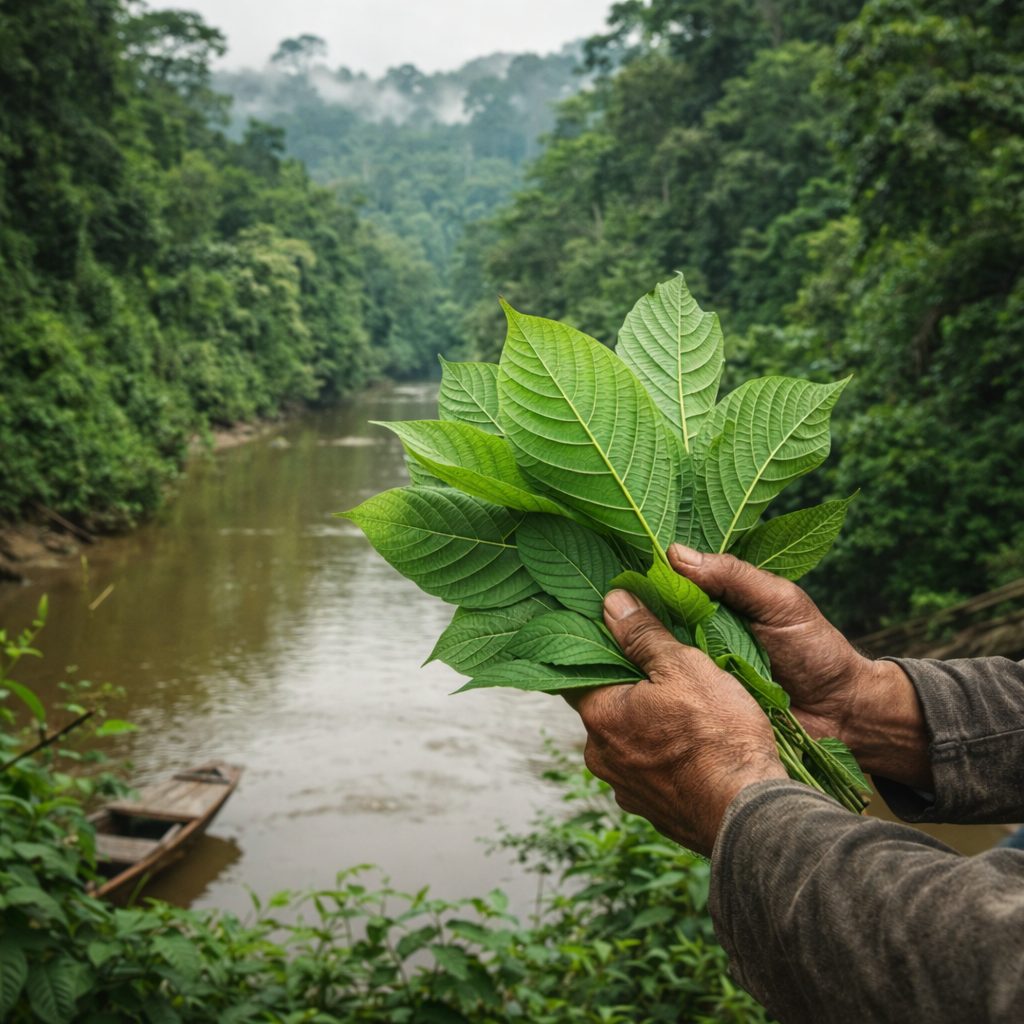 Green vein kratom leaf from Indonesia showing natural vein structure