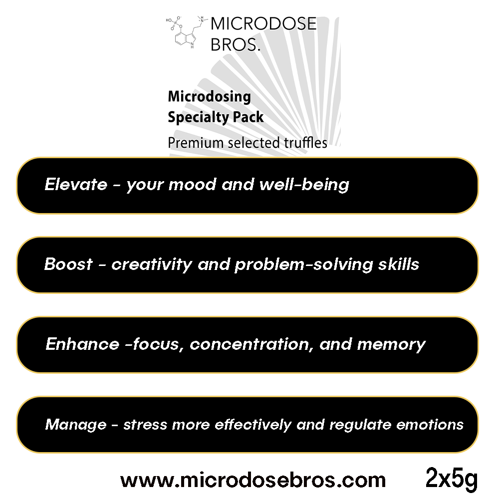 Galindoi microdosing benefits 2x5g magic truffles showing focus creativity mood and stress support by Microdose Bros