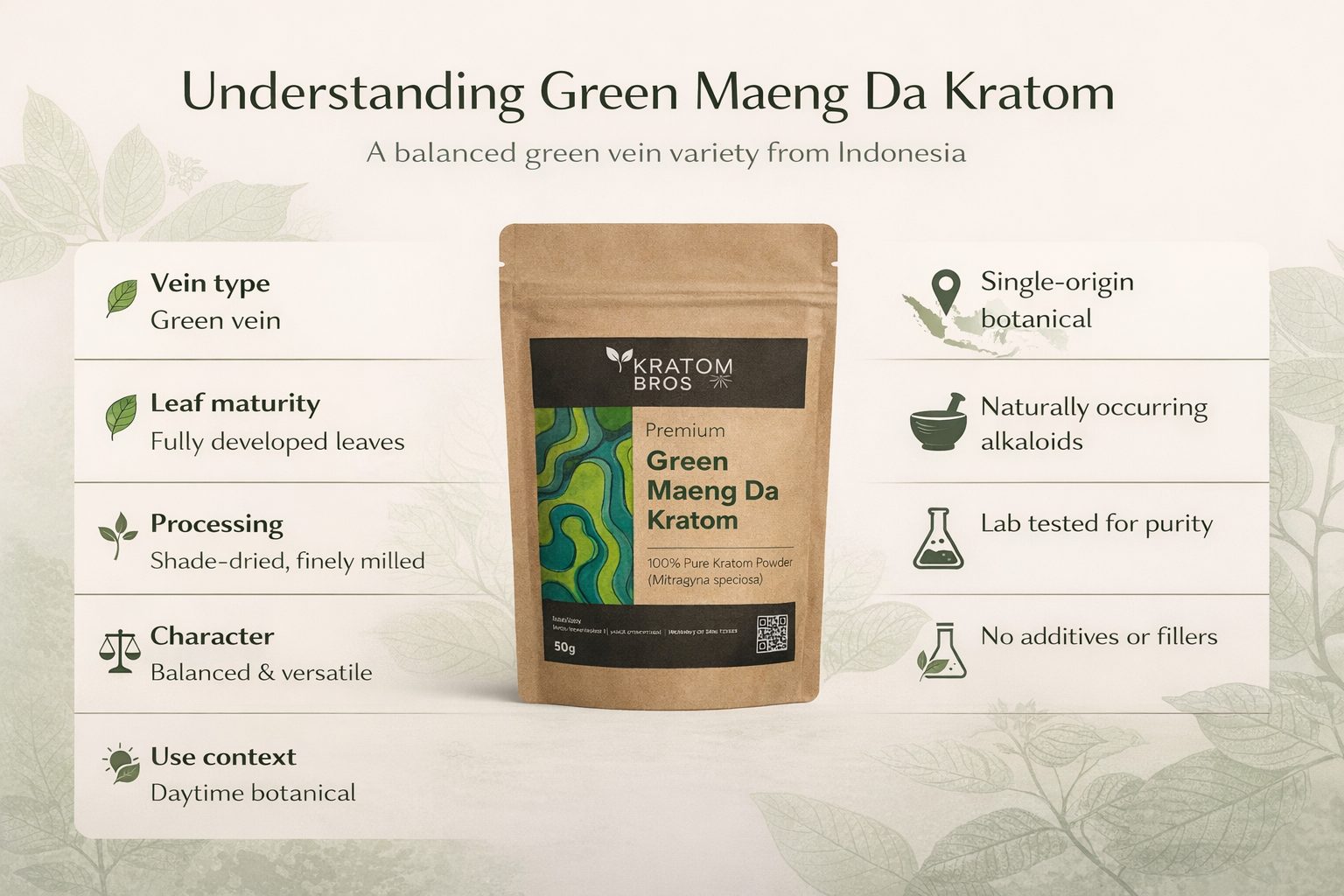 Understanding Green Maeng Da Kratom infographic showing vein type, processing, and origin by Kratom Bros