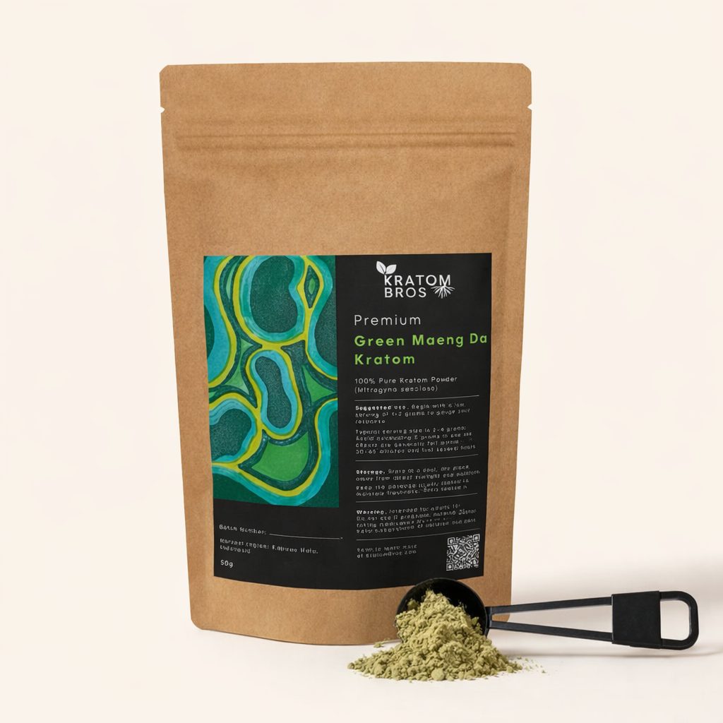 Green Maeng Da Kratom Powder 50g by Kratom Bros with measuring scoop