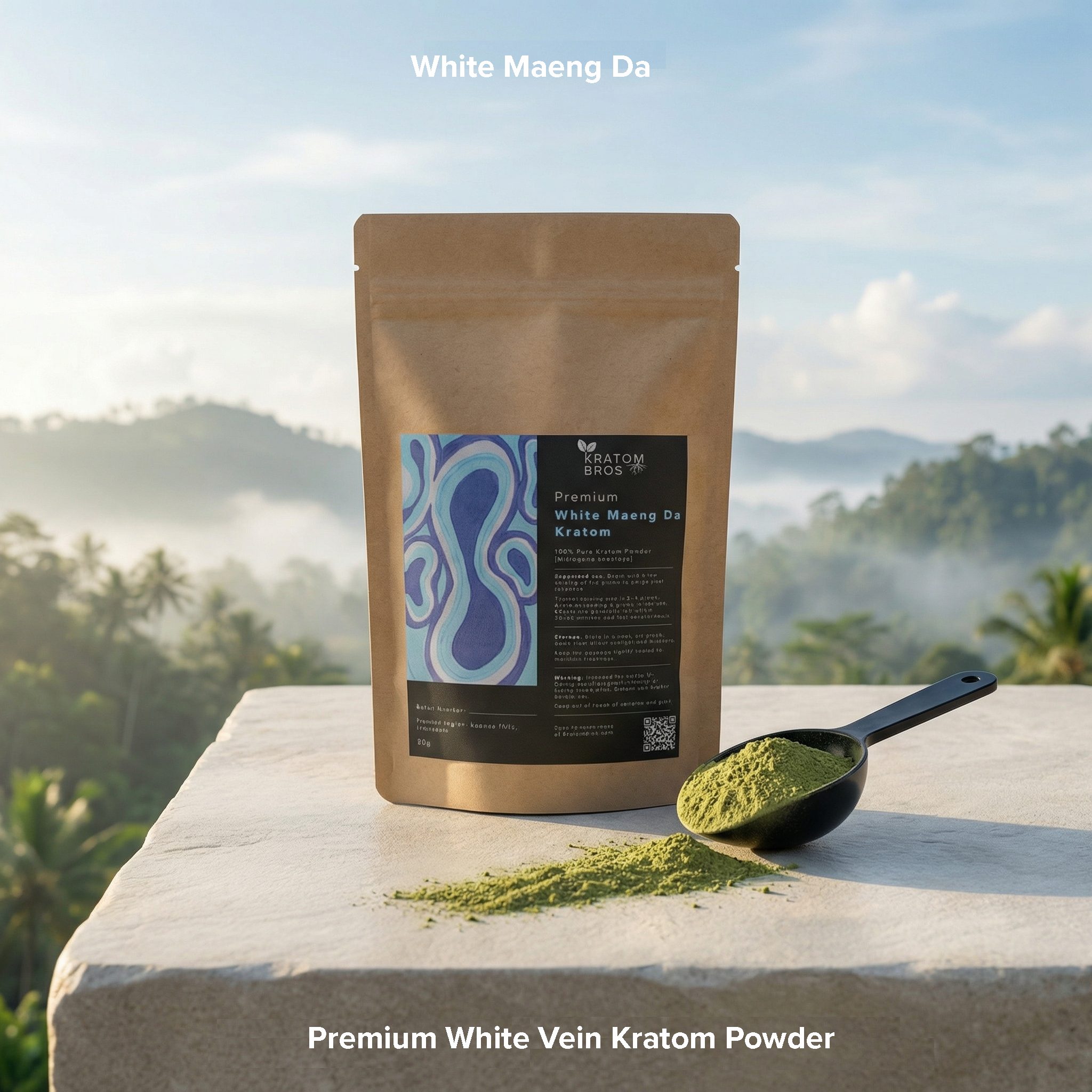 Premium White Maeng Da Kratom powder by Kratom Bros in tropical morning setting, single-origin Indonesia white vein.