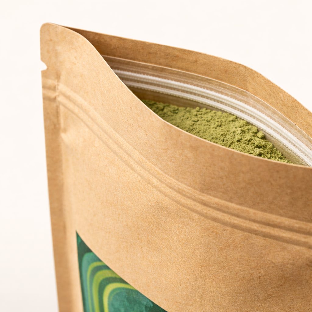 Resealable kraft pouch packaging for Green Maeng Da Kratom Powder by Kratom Bros