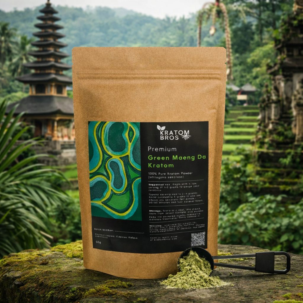 Green Maeng Da Kratom Powder by Kratom Bros with Balinese temple and rice terrace background