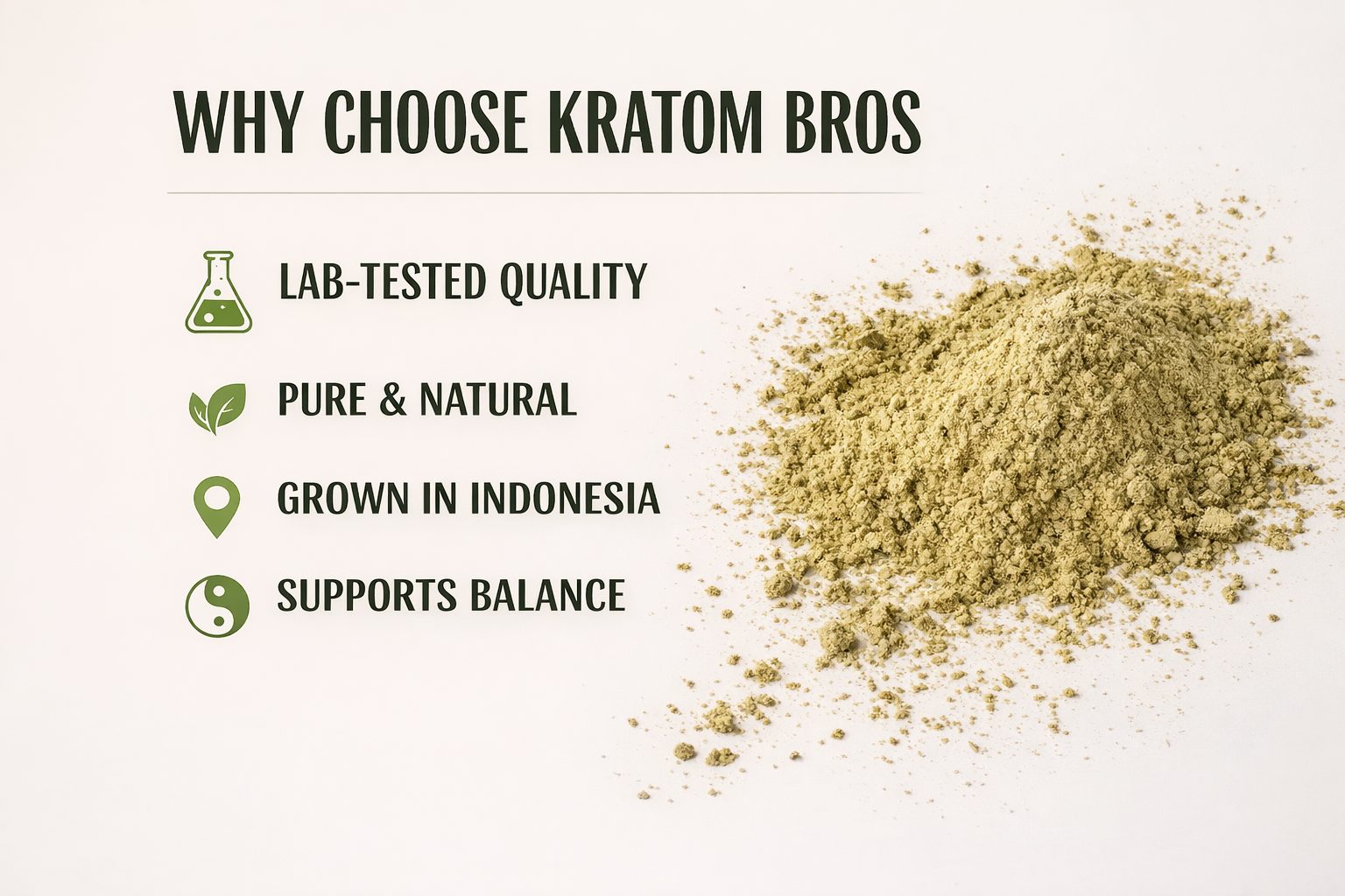 Why choose Kratom Bros graphic highlighting lab-tested quality, Indonesian origin, and pure kratom powder