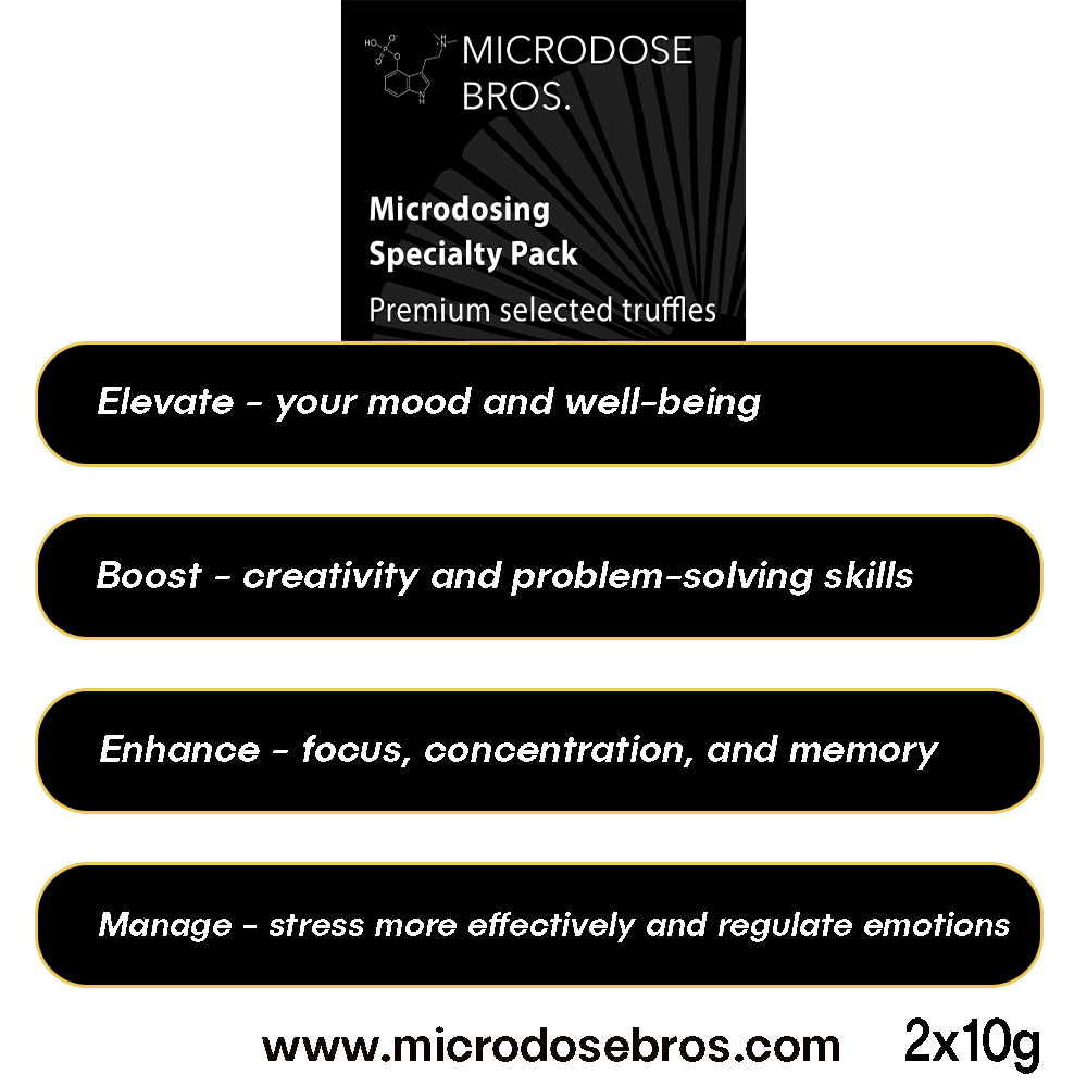 Galindoi microdosing benefits chart showing mood, creativity, focus and stress support 2x10g magic truffles by Microdose Bros