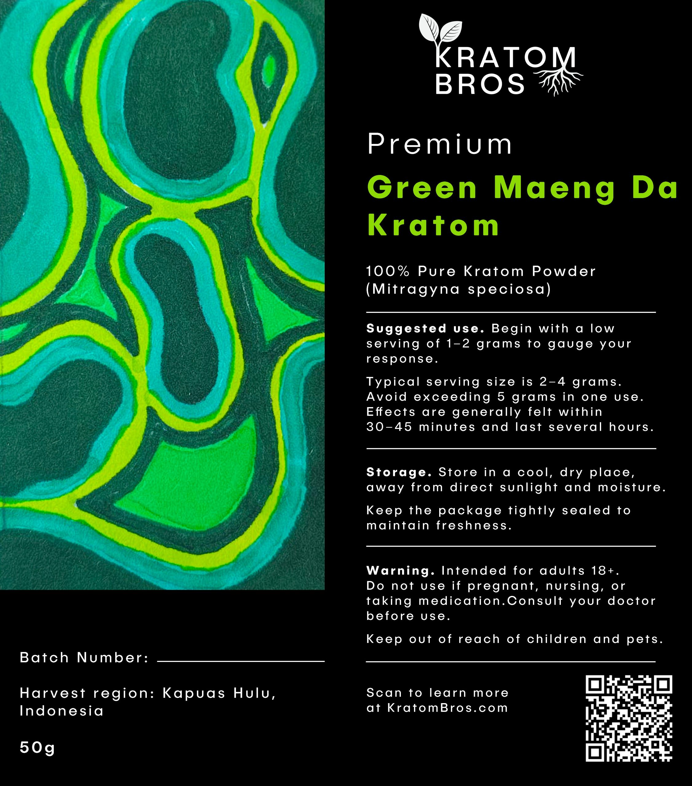 Green Maeng Da Kratom label by Kratom Bros showing product details, harvest region Kapuas Hulu Indonesia, and usage information