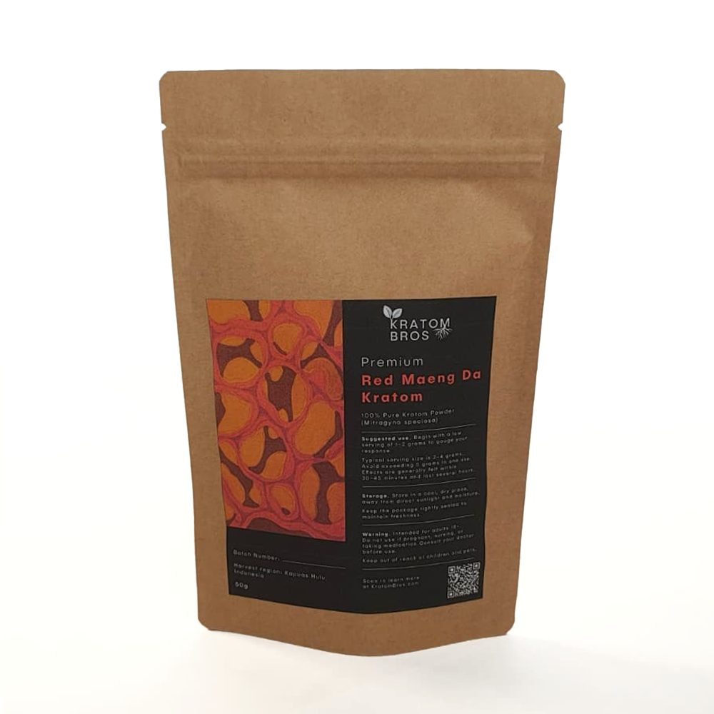 Red Maeng Da Kratom Powder by Kratom Bros in resealable kraft pouch, made from premium red vein Mitragyna speciosa leaves from Indonesia