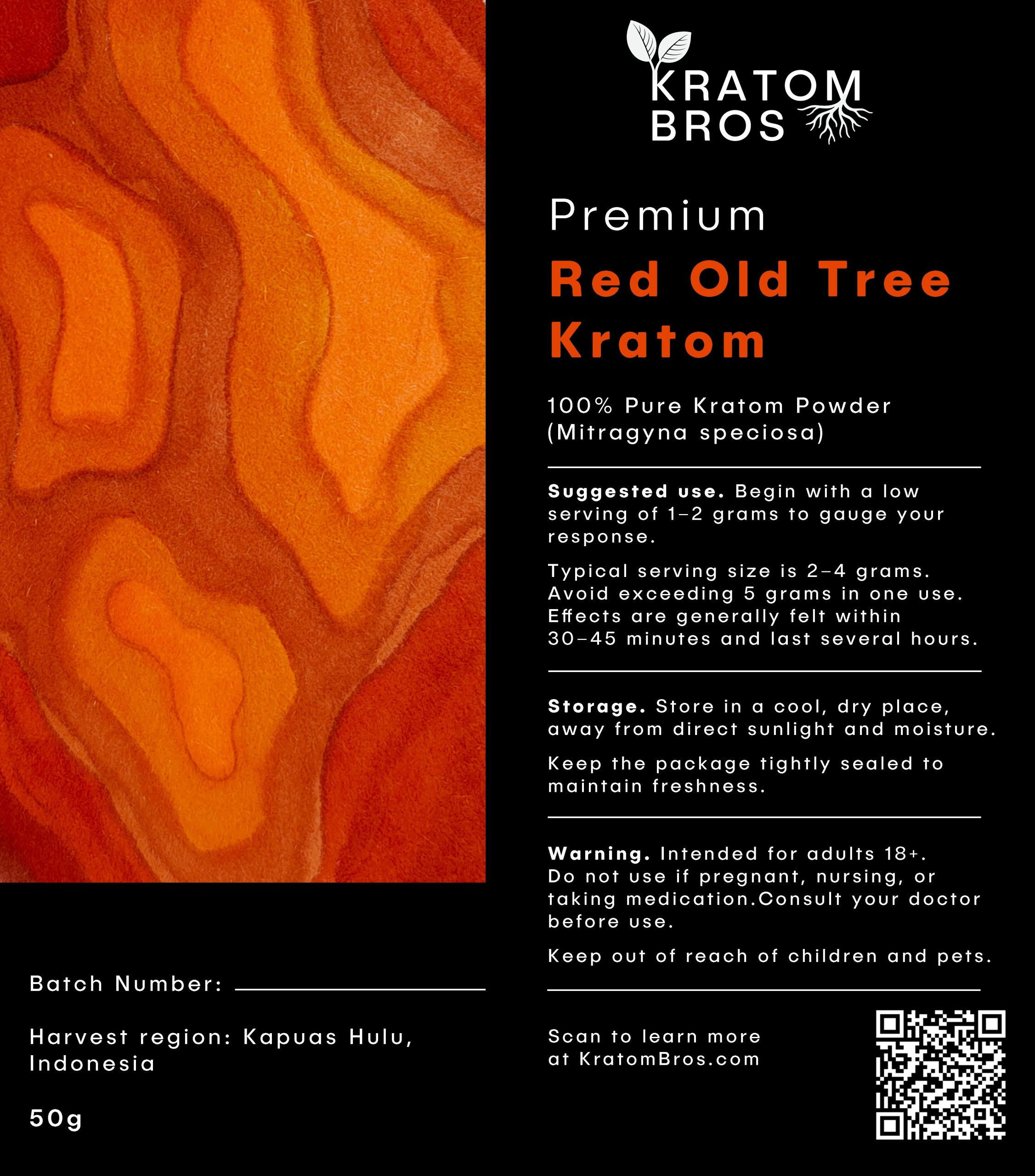 Red Old Tree Kratom label by Kratom Bros showing premium red vein Mitragyna speciosa powder sourced from mature kratom trees in Indonesia