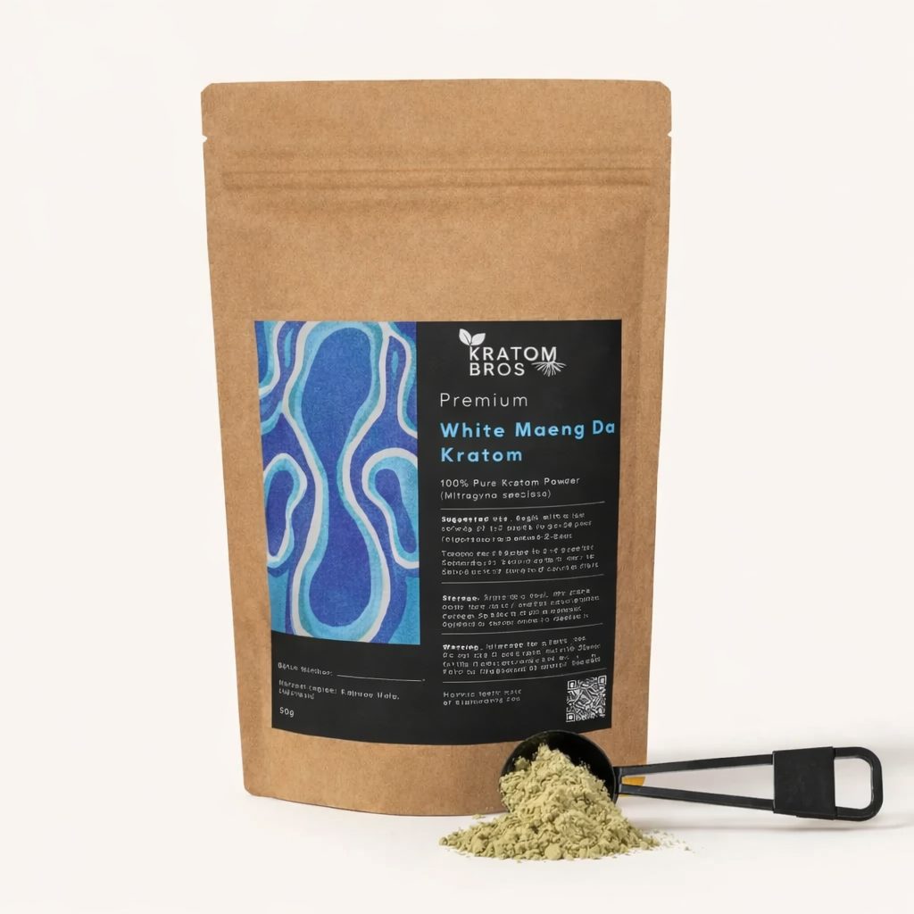 White Maeng Da Kratom Powder by Kratom Bros premium Indonesian white vein kratom 50g pouch with scoop