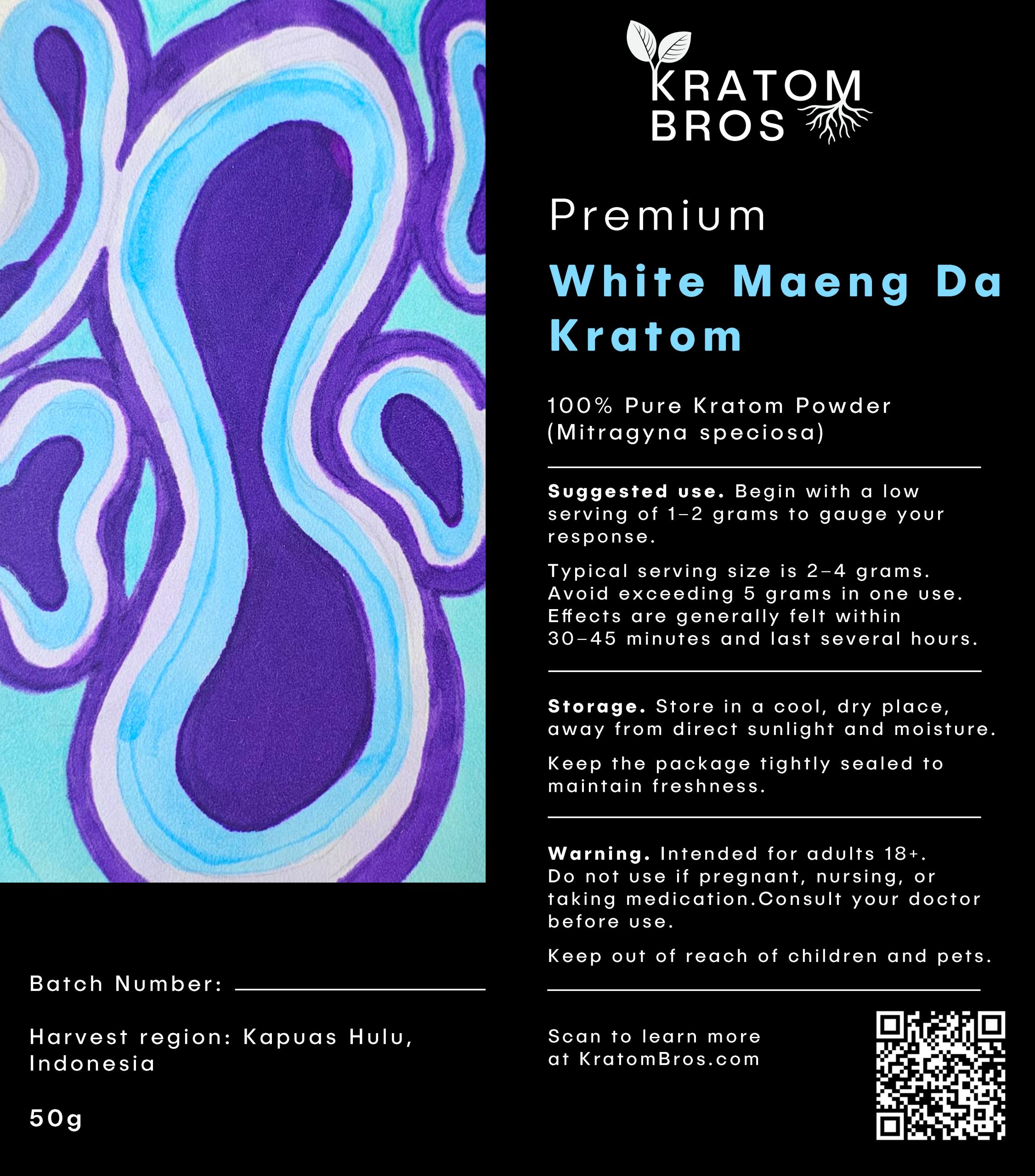 White Maeng Da Kratom Powder label by Kratom Bros premium Indonesian white vein kratom 50g