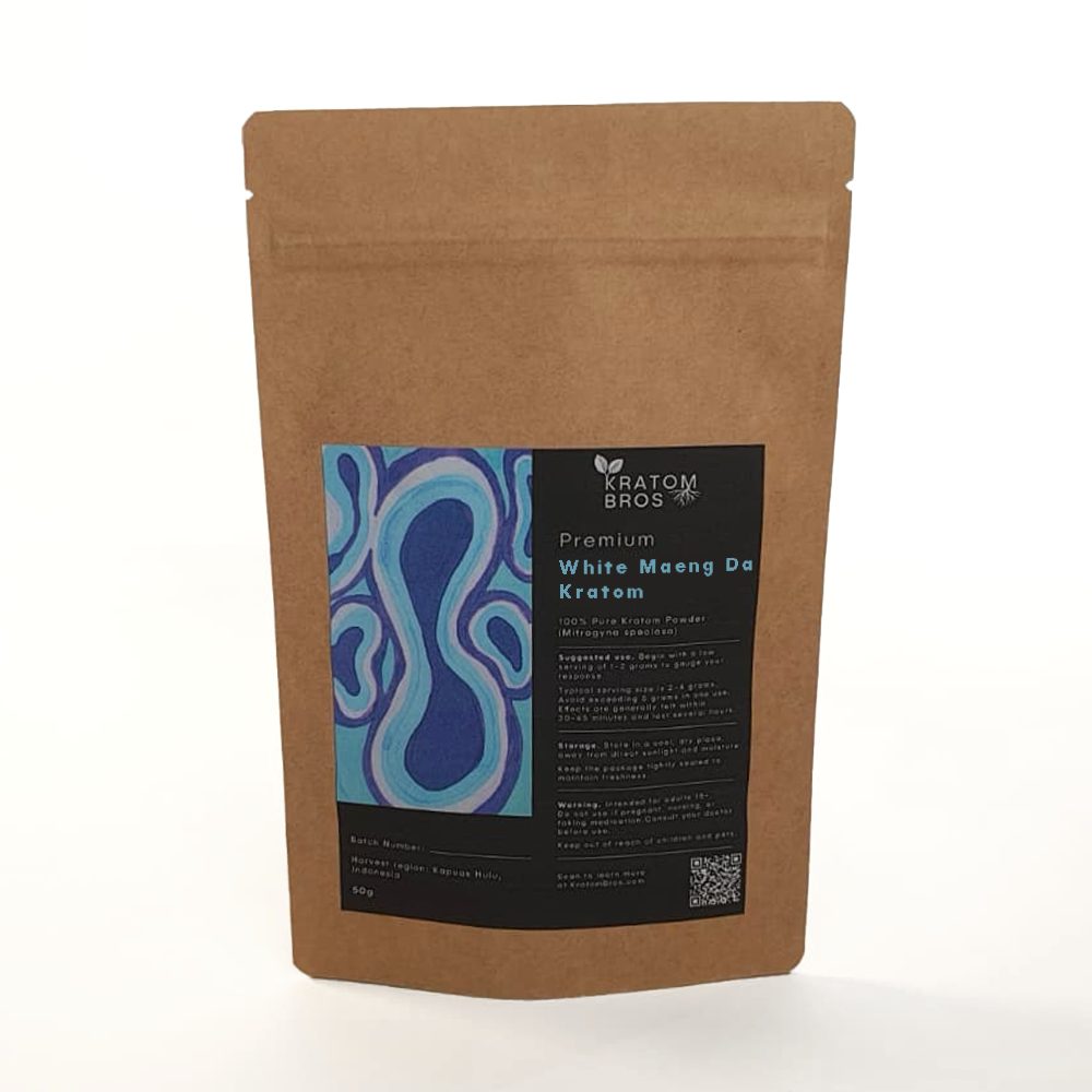 White Maeng Da Kratom Powder by Kratom Bros premium Indonesian white vein kratom 50g pouch