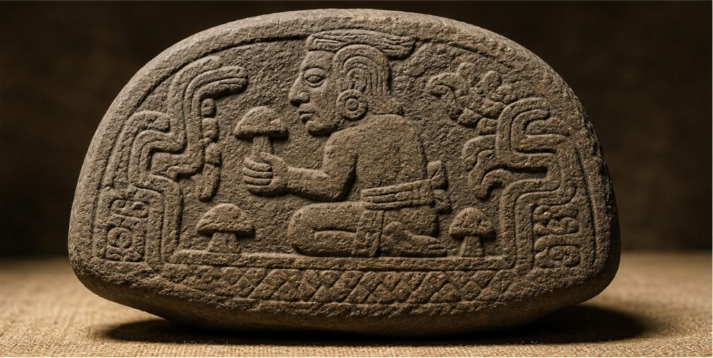 Ancient Mesoamerican mushroom stone showing evidence of sacred mushroom traditions in early Mexican cultures.