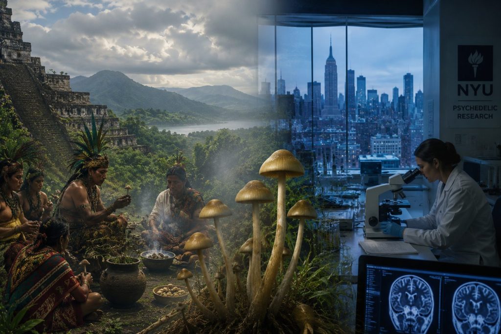 History of magic mushrooms from ancient Aztec ceremonies to modern psilocybin research in New York City.