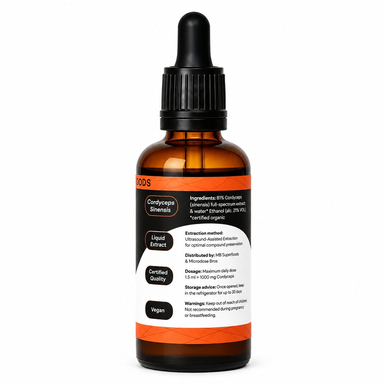 MB Superfoods Cordyceps Extract Drops 50ml back label showing ingredients, dosage instructions, storage information and ultrasound-assisted extraction technology