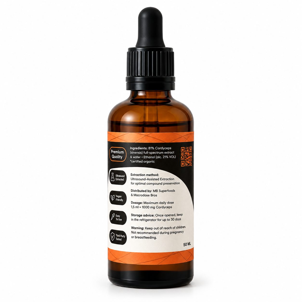 MB Superfoods Cordyceps Extract Drops 50ml back label showing ingredients dosage and ultrasound-assisted extraction method