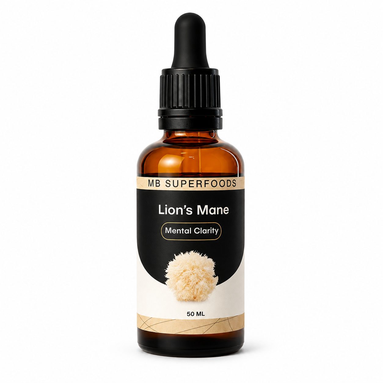 MB Superfoods Lion's Mane Extract Drops 50ml mushroom extract tincture in amber glass dropper bottle