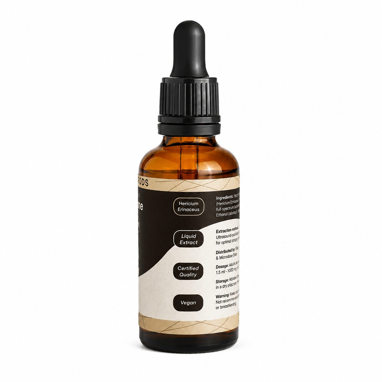 MB Superfoods Lion's Mane Extract Drops 50ml side label showing Hericium erinaceus extract, liquid extract format, certified quality and vegan formula