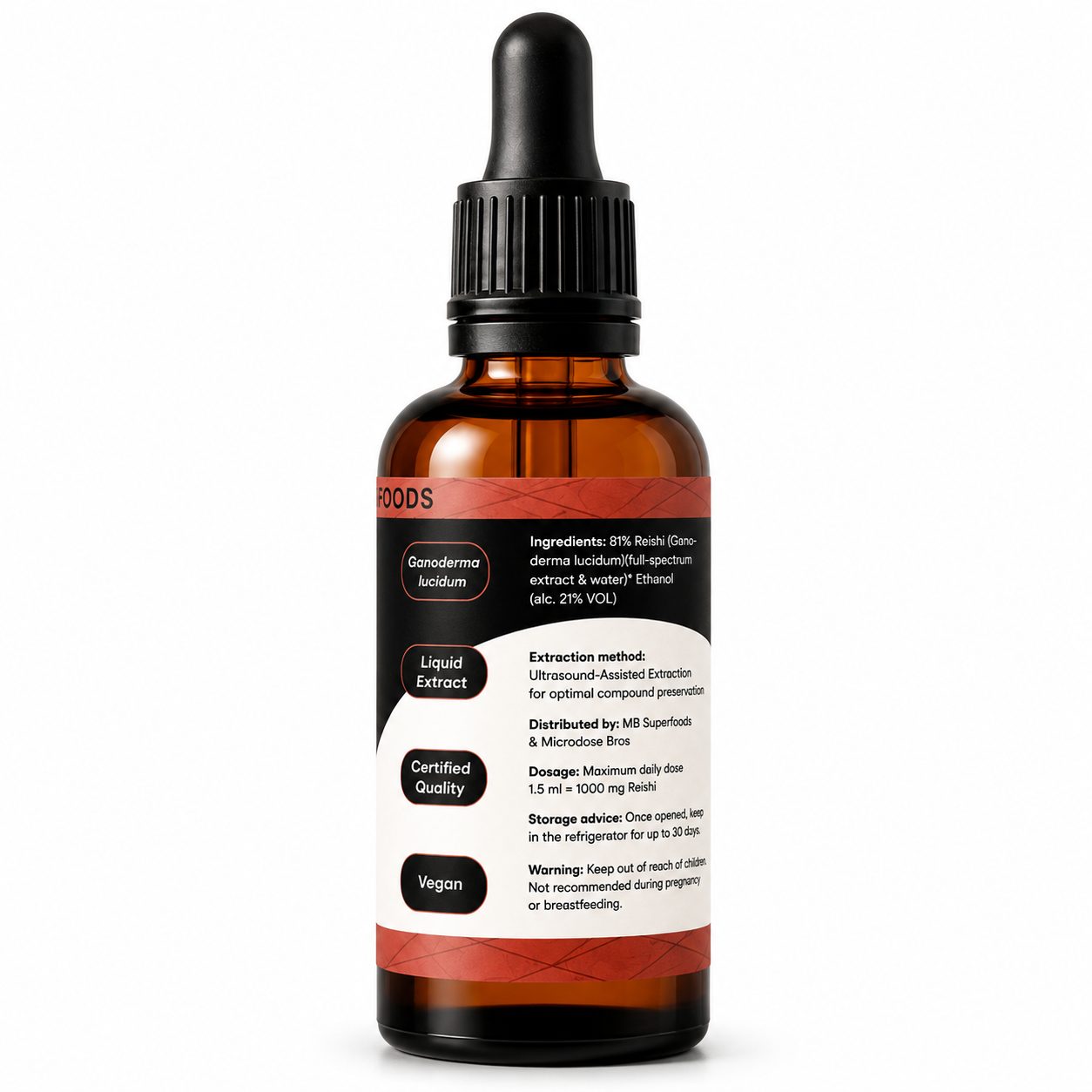 MB Superfoods Reishi Extract Drops 50ml side label showing Ganoderma lucidum extract, vegan formula and premium quality features