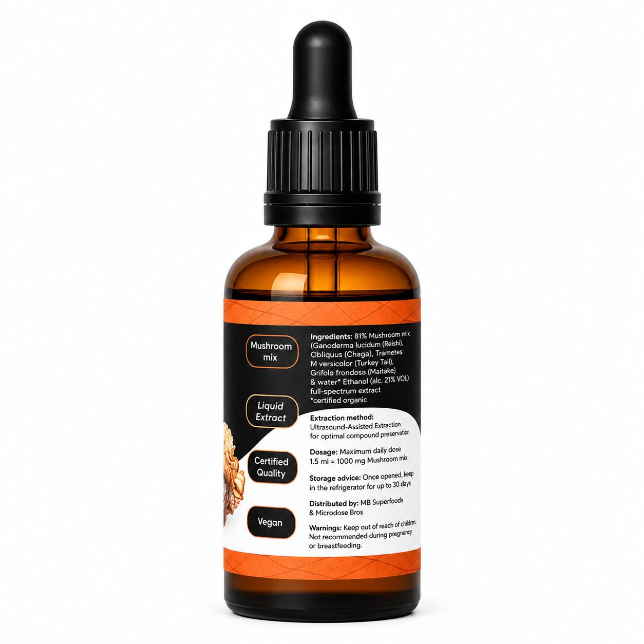 MB Superfoods Sacred 5 Extract Drops 50ml back label showing five mushroom blend ingredients, dosage instructions, storage information and ultrasound-assisted extraction technology