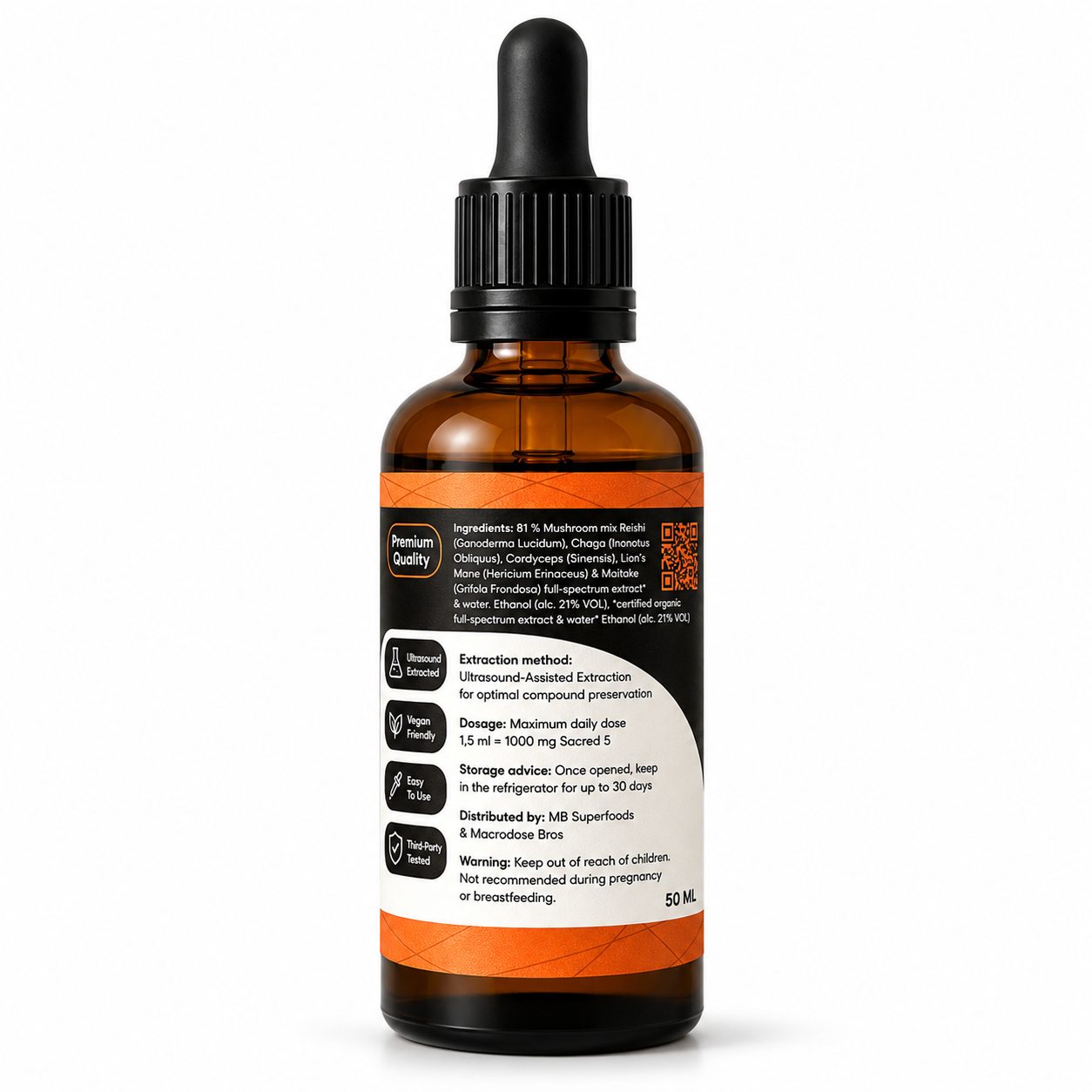 MB Superfoods Sacred 5 Extract Drops 50ml back label showing ingredients dosage and ultrasound-assisted extraction method