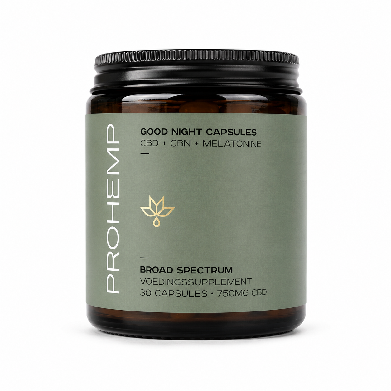 Front view of ProHemp Good Night Capsules with CBD, CBN and Melatonin. Contains 30 capsules with 750 mg total CBD in a premium amber glass jar.