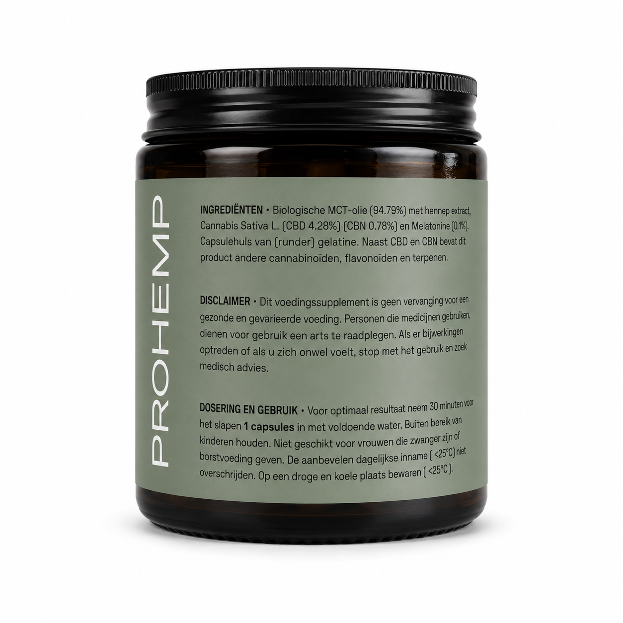 Ingredients and dosage instructions on the back label of ProHemp Good Night Capsules with CBD, CBN and melatonin.