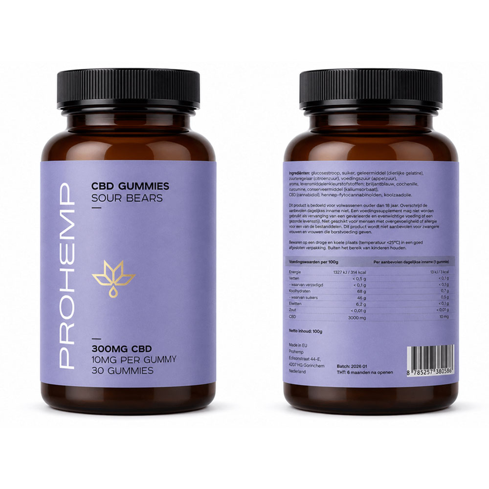 Front and back view of CBD Sour Bears Gummies bottle containing 300 mg CBD with 30 gummies and full ingredients, nutrition facts, and usage information.