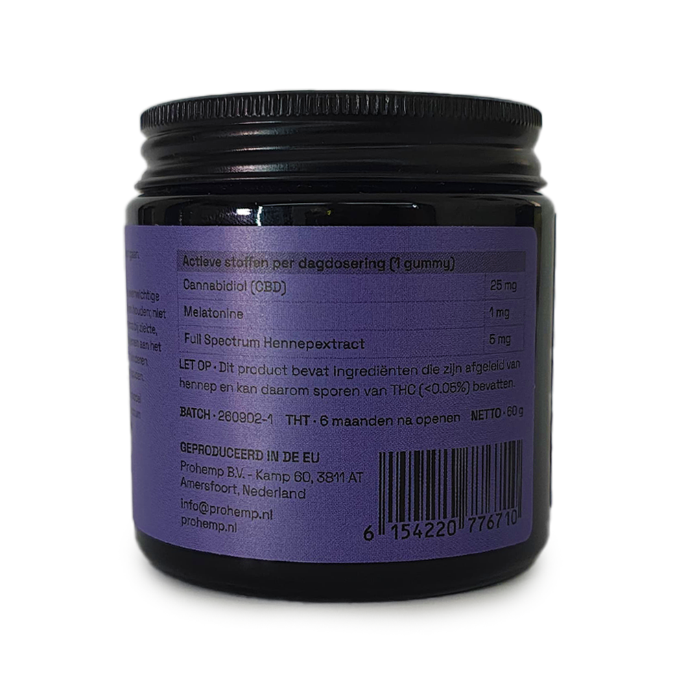 Back label of CBD Deep Sleep Gummies 25mg with melatonin showing active ingredients