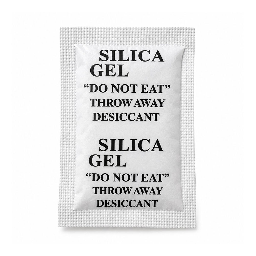 Close-up of 3g silica gel desiccant packet