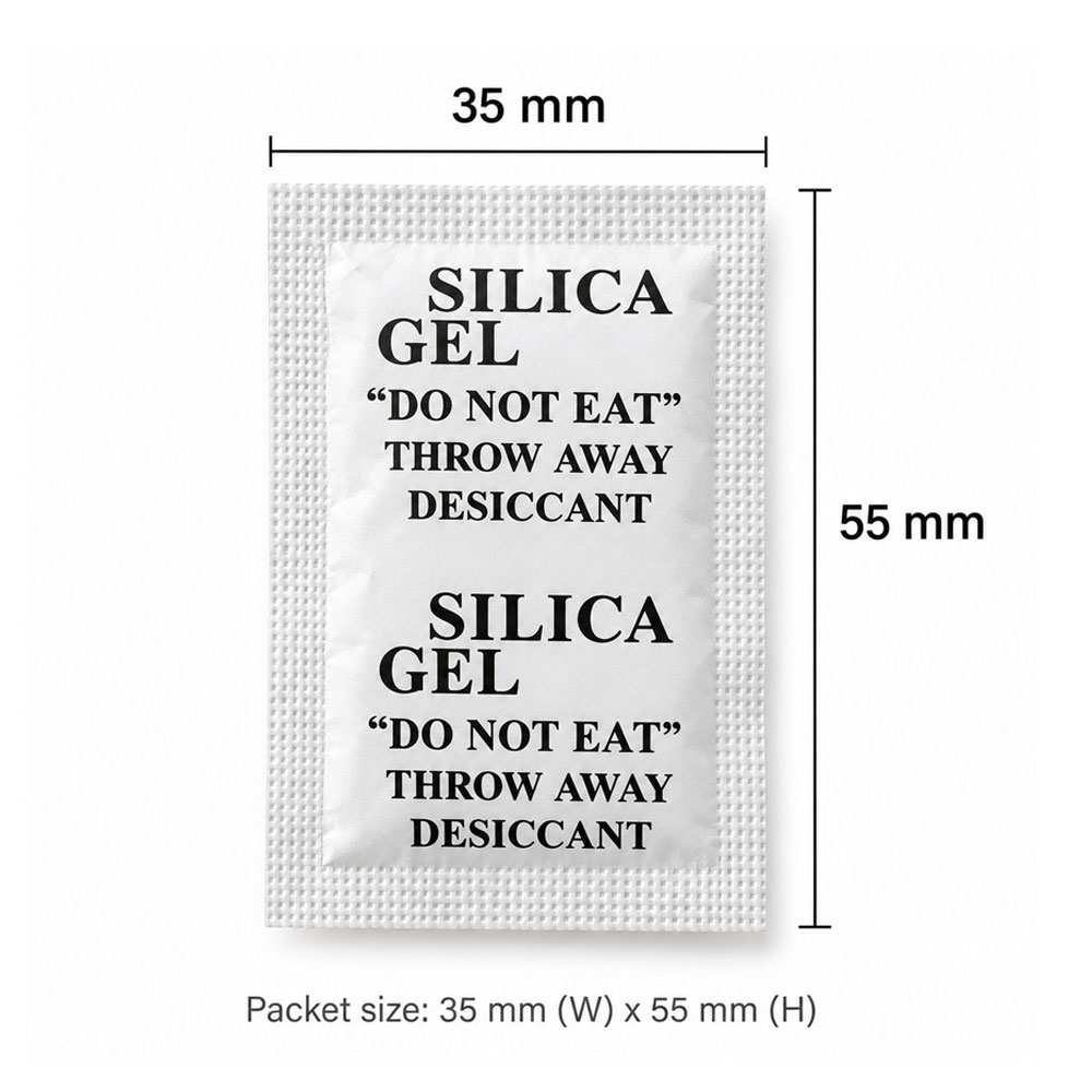 3g silica gel packet measuring 35 x 55 mm