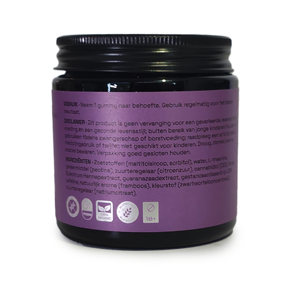 Focus CBD Gummies ingredients label with vegan and gluten-free information