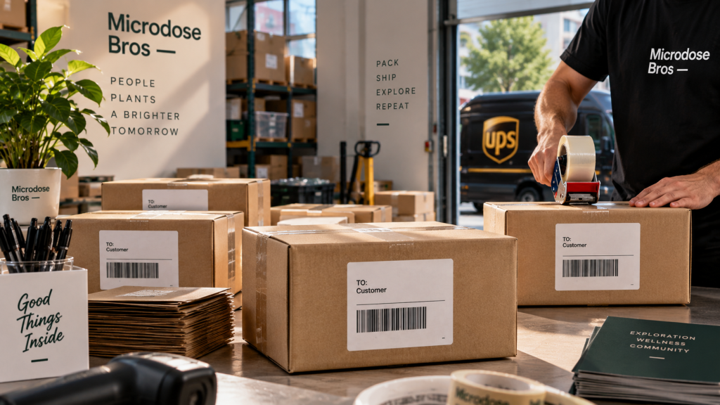 Microdose Bros parcels prepared for discreet shipping and delivery across Europe