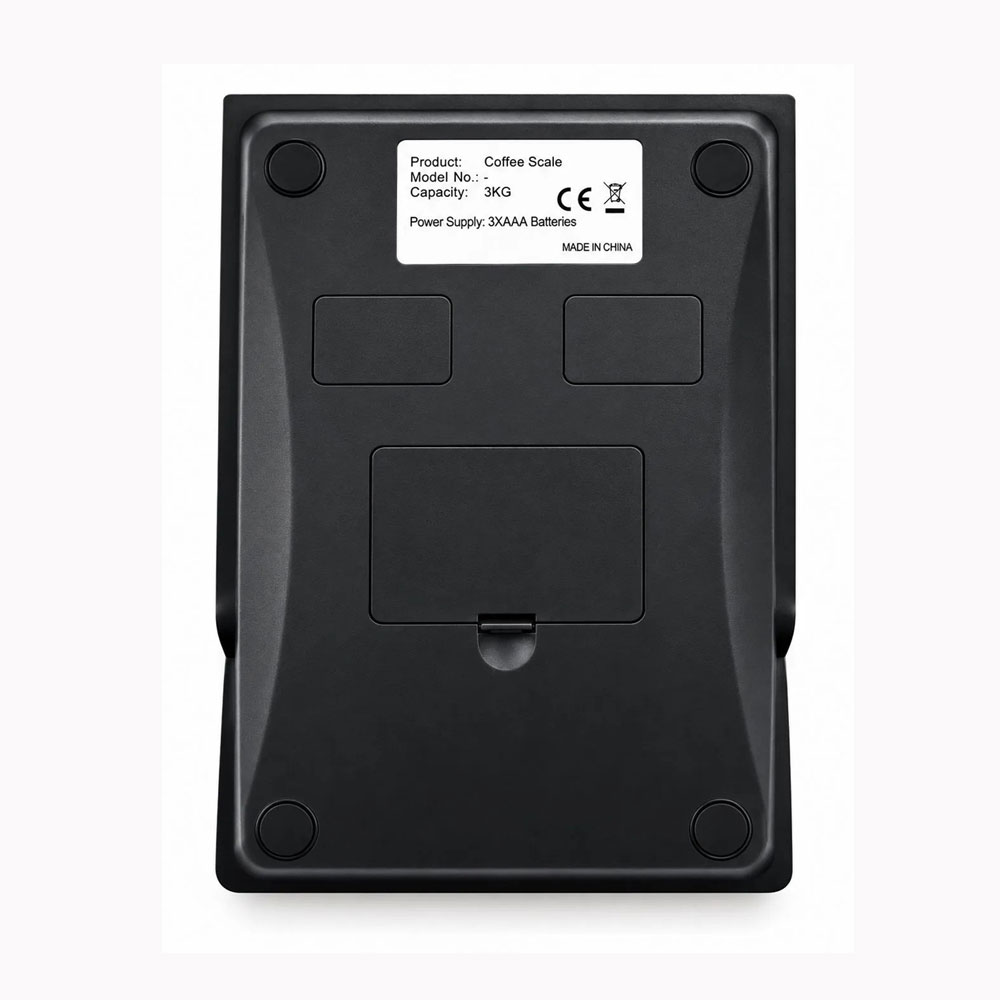 Back of the Precision Microdosing Scale showing battery compartment, non-slip feet and 3kg capacity.