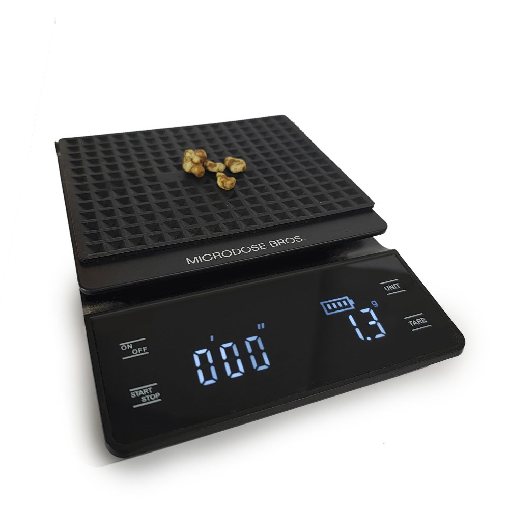 Microdose Bros Precision Microdosing Scale with digital LED display, built-in timer and non-slip weighing mat