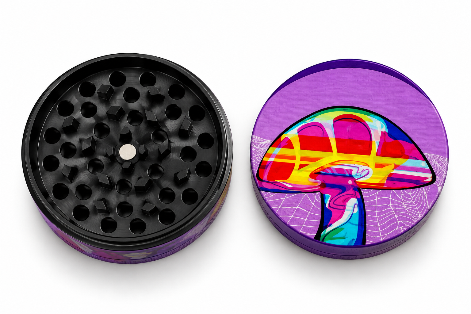 Open Psychedelic Weed Grinder 40mm showing grinding teeth