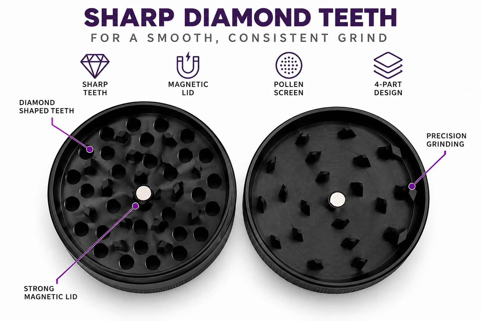 Psychedelic weed grinder with sharp teeth and 4-part design