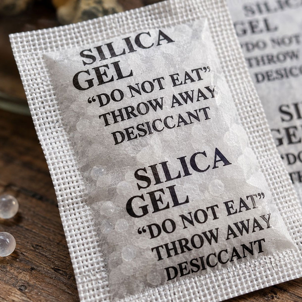Close-up of silica gel desiccant packet material and heat-sealed edges