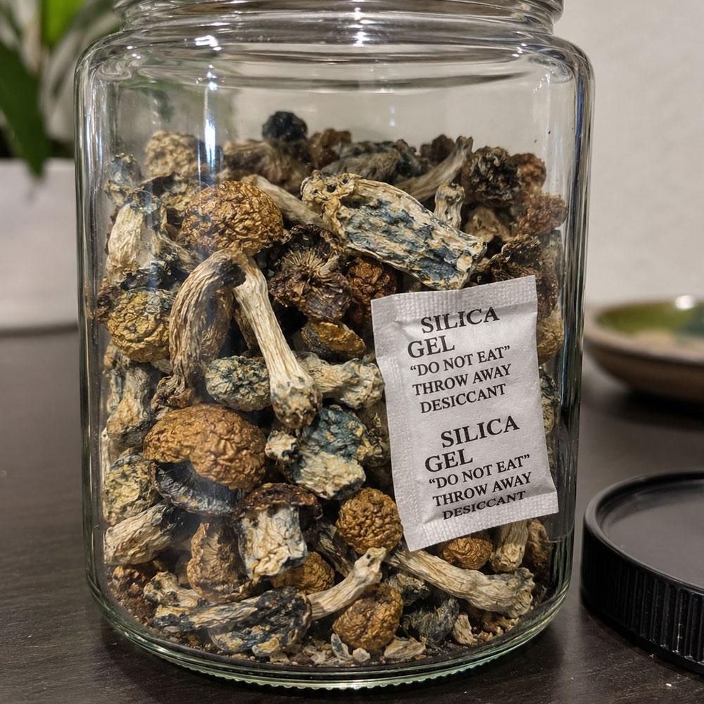Silica gel packet used for dry storage in a sealed glass jar