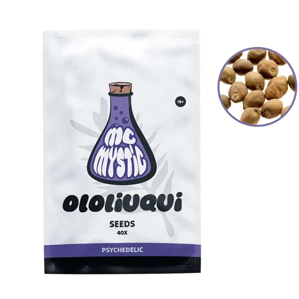 McMystic Ololiuqui Seeds (Rivea corymbosa) 40-seed pack with purple packaging and close-up of brown seeds