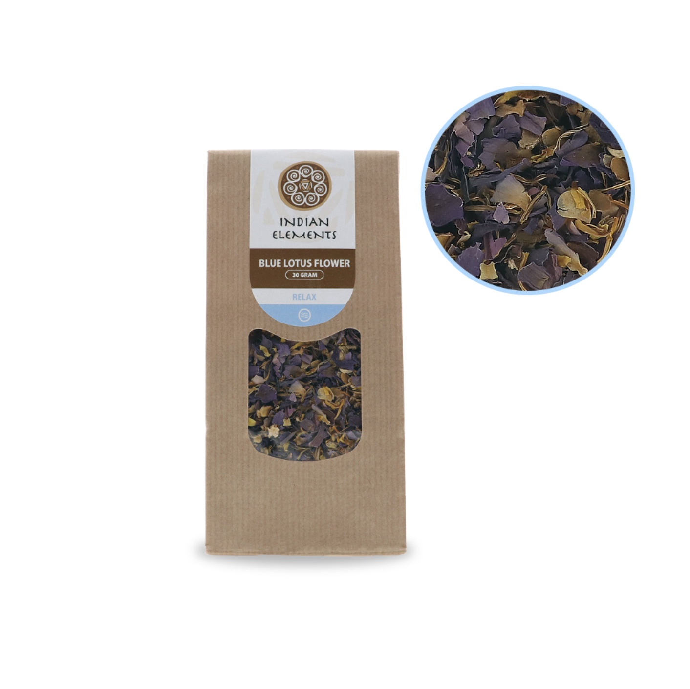 Indian Elements Blue Lotus Flower 30g dried Nymphaea caerulea petals in original packaging